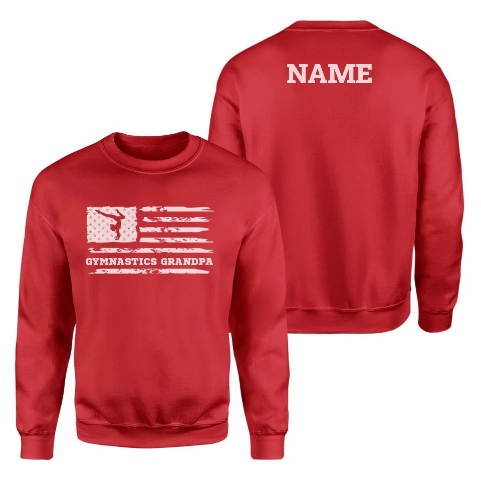 Gymnastics Grandpa Horizontal Flag With Gymnast Name on a Sweatshirt with a White Graphic