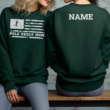 Pole Vault Mom Horizontal Flag With Pole Vaulter Name on a Sweatshirt with a White Graphic