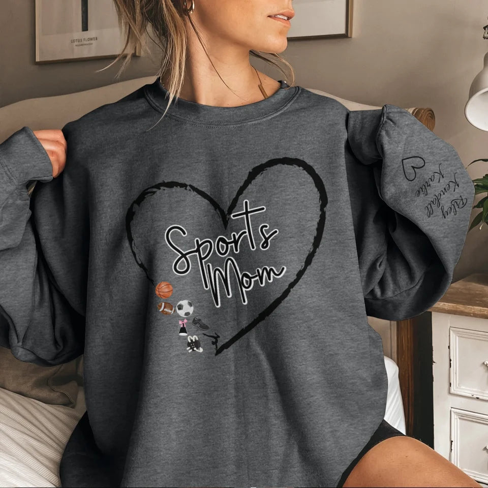 Custom Sports Mom With Names On Sleeve on a Sweatshirt