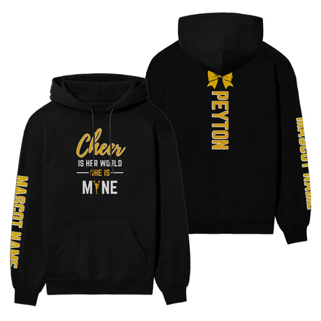 Cheer Is Her World, She Is Mine With Cheerleader Name And Custom Sleeve on a Hoodie