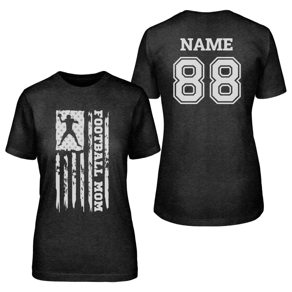 Football Mom Vertical Flag With Football Player Name on a Unisex T-Shirt with a White Graphic