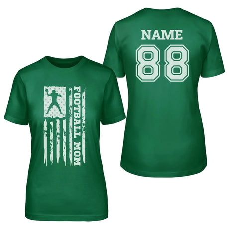 Football Mom Vertical Flag With Football Player Name on a Unisex T-Shirt with a White Graphic