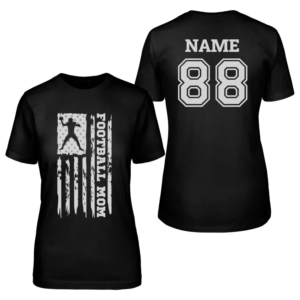 Football Mom Vertical Flag With Football Player Name on a Unisex T-Shirt with a White Graphic