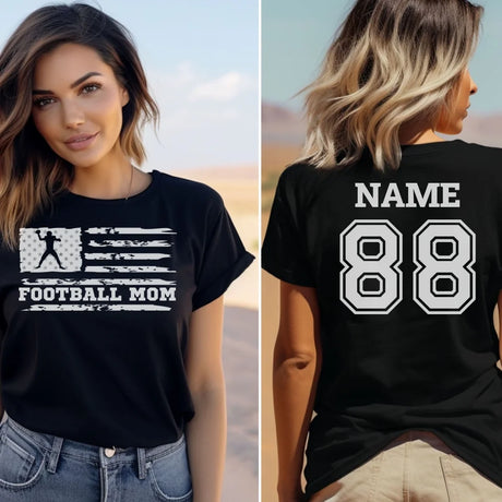 Football Mom Horizontal Flag With Football Player Name on a Unisex T-Shirt with a White Graphic