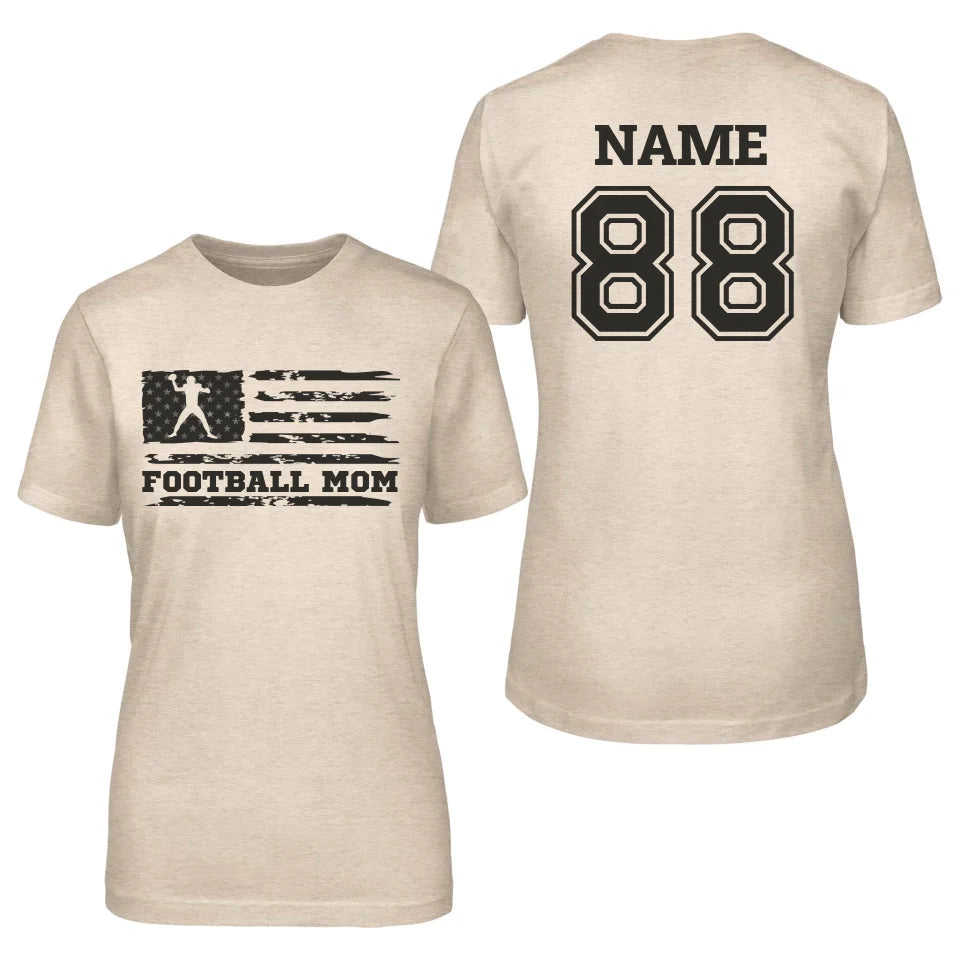 Football Mom Horizontal Flag With Football Player Name on a Unisex T-Shirt with a Black Graphic