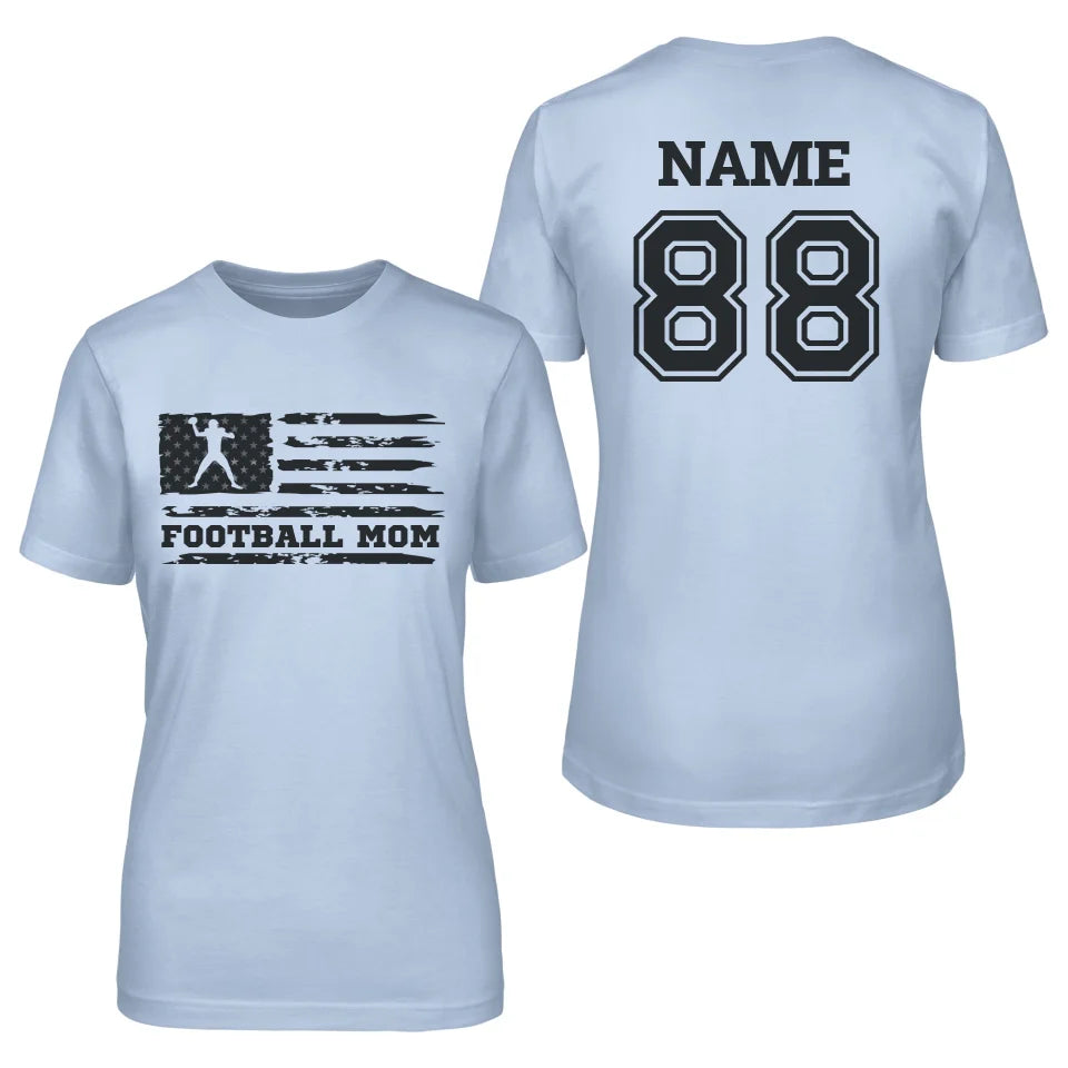 Football Mom Horizontal Flag With Football Player Name on a Unisex T-Shirt with a Black Graphic