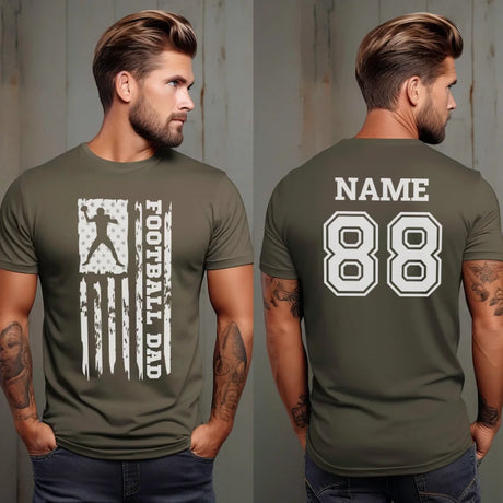 Football Dad Vertical Flag With Football Player Name on a Men's T-Shirt with a White Graphic