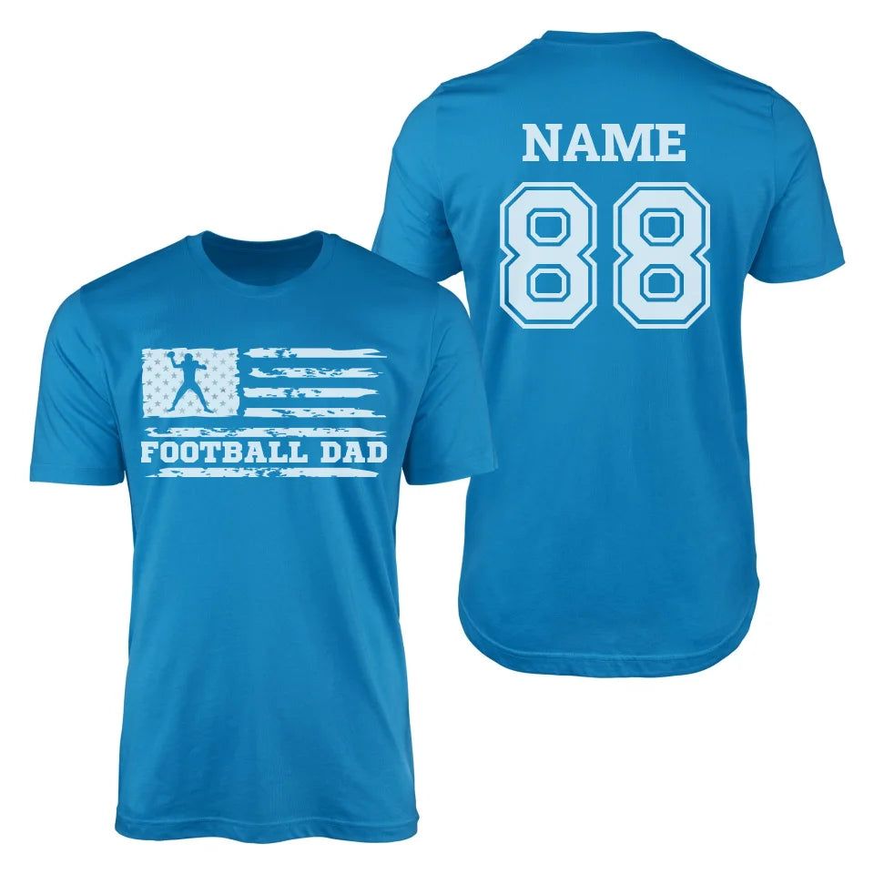 Football Dad Horizontal Flag With Football Player Name on a Men's T-Shirt with a White Graphic