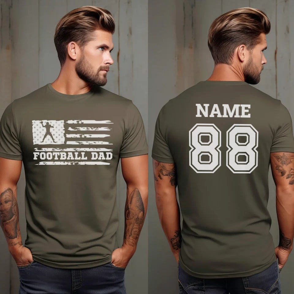 Football Dad Horizontal Flag With Football Player Name on a Men's T-Shirt with a White Graphic