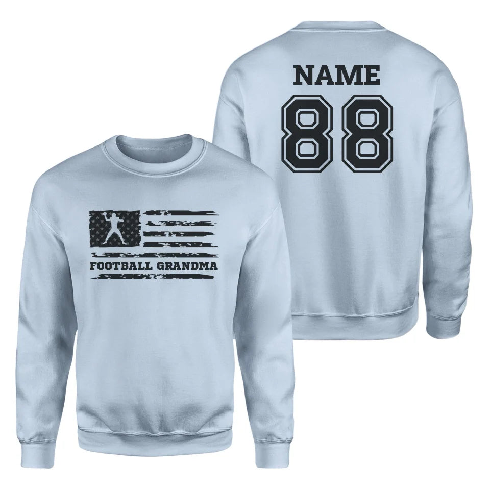 Football Grandma Horizontal Flag With Football Player Name on a Sweatshirt with a Black Graphic