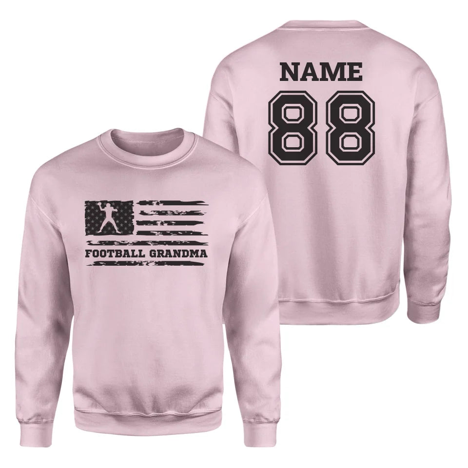 Football Grandma Horizontal Flag With Football Player Name on a Sweatshirt with a Black Graphic