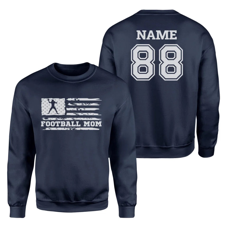 Football Mom Horizontal Flag With Football Player Name on a Sweatshirt with a White Graphic