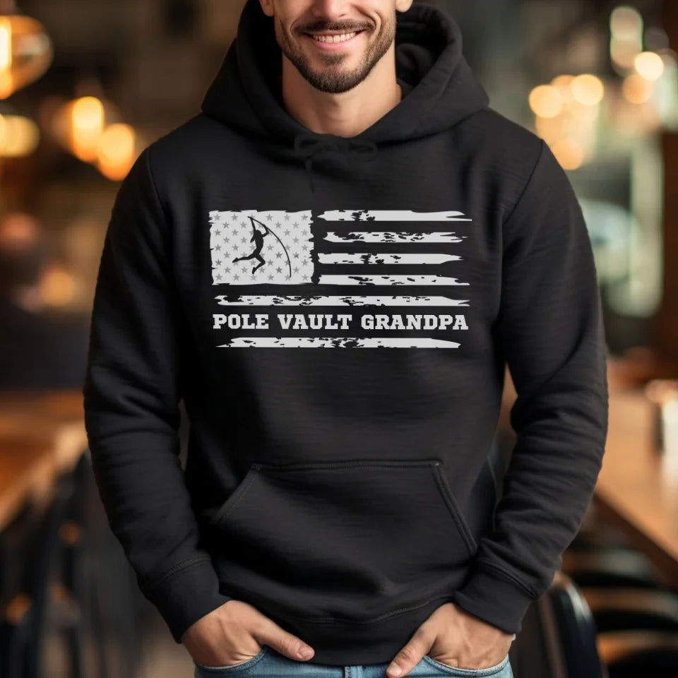 Pole Vault Grandpa Horizontal Flag on a Hoodie with a White Graphic