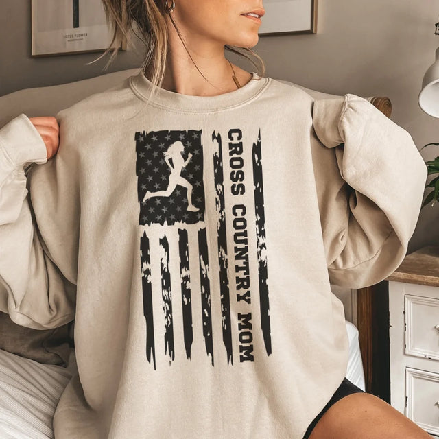 Cross Country Mom Vertical Flag on a Sweatshirt with a Black Graphic