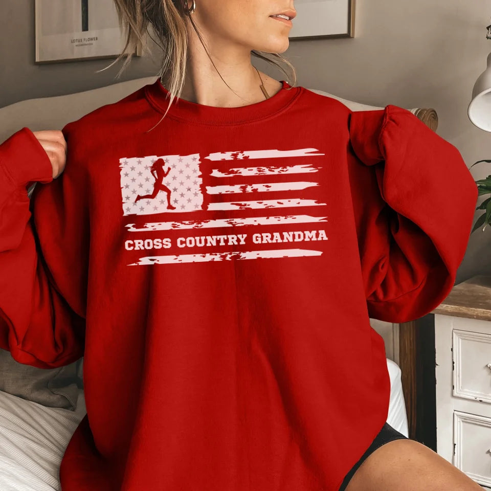 Cross Country Grandma Horizontal Flag on a Sweatshirt with a White Graphic