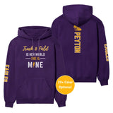 Hurdles Is Her World, She Is Mine With Hurdler Name And Custom Sleeve on a Hoodie