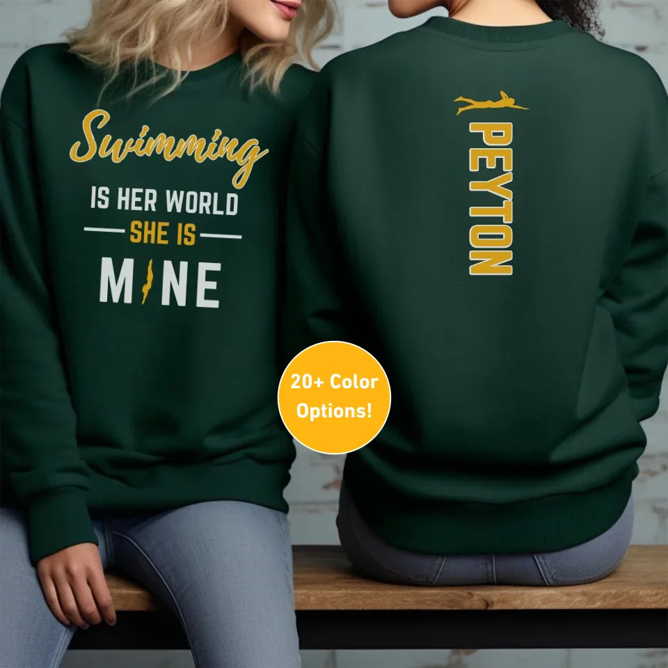 Swimming Is Her World, She Is Mine With Swimmer Name on a Sweatshirt