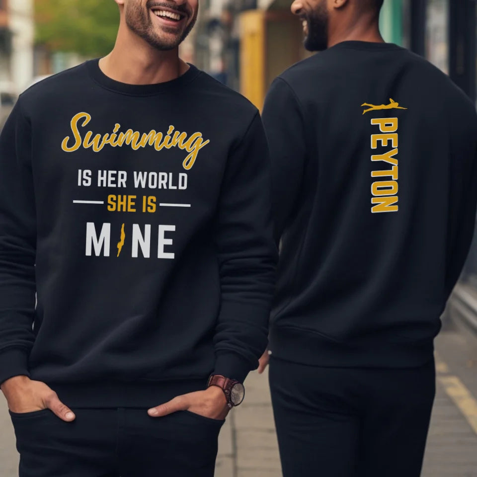 Swimming Is Her World, She Is Mine With Swimmer Name on a Sweatshirt