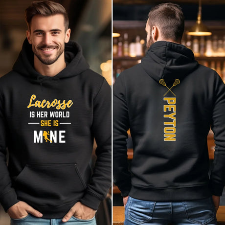 Lacrosse Is Her World, She Is Mine With Lacrosse Player Name And Custom Sleeve on a Hoodie