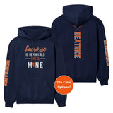 Lacrosse Is Her World, She Is Mine With Lacrosse Player Name And Custom Sleeve on a Hoodie