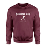 Baseball Mom with Baseball Player Icon and Baseball Player Name on a Sweatshirt with a White Graphic