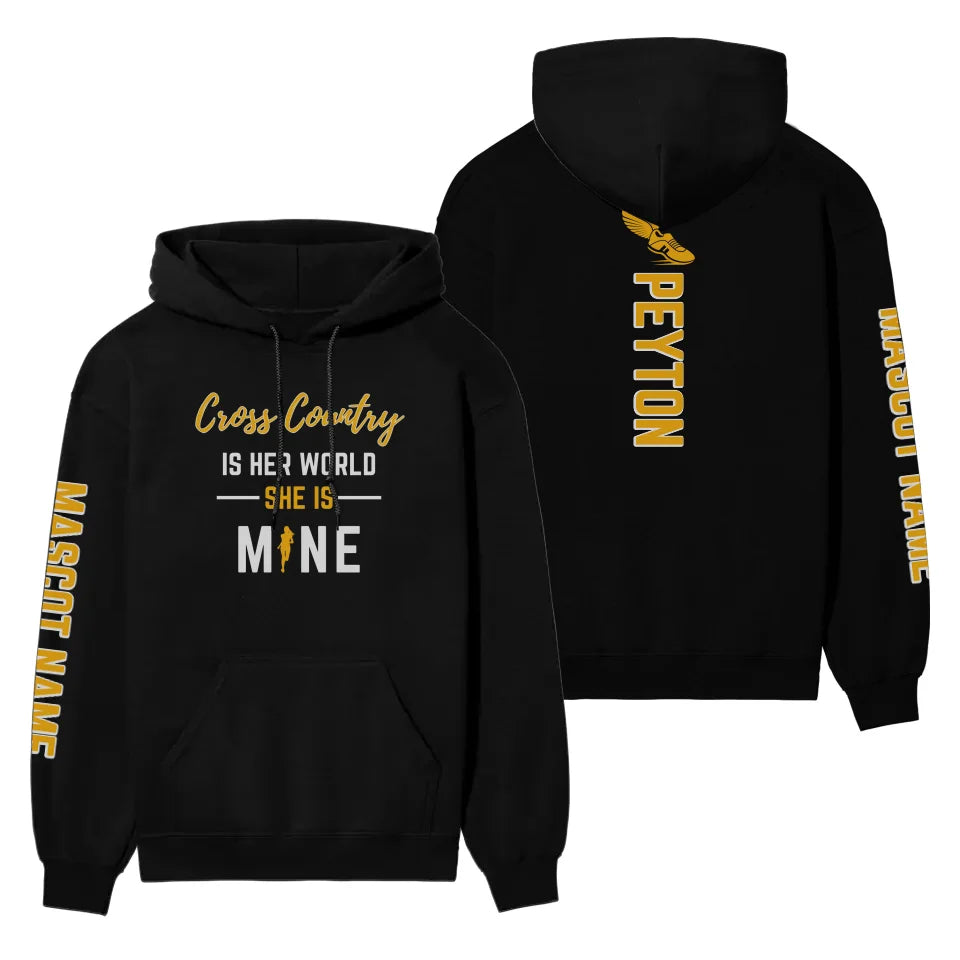 Cross Country Is Her World, She Is Mine With Cross Country Runner Name And Custom Sleeve on a Hoodie