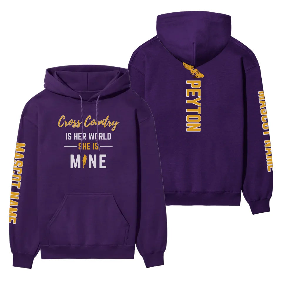 Cross Country Is Her World, She Is Mine With Cross Country Runner Name And Custom Sleeve on a Hoodie