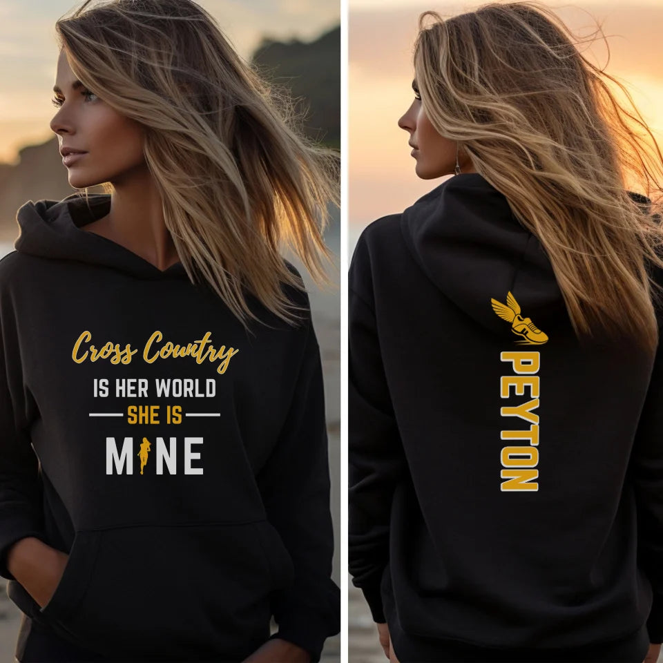 Cross Country Is Her World, She Is Mine With Cross Country Runner Name And Custom Sleeve on a Hoodie