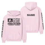 Hurdles Mom Horizontal Flag With Hurdler Name on a Hoodie with a Black Graphic