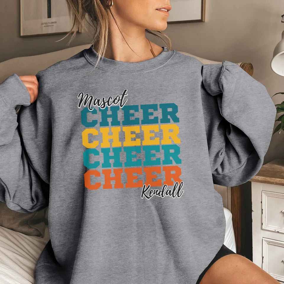 Personalized Cheer Cheer Cheer on a Sweatshirt With Mascot and Cheerleader Name on a Sweatshirt