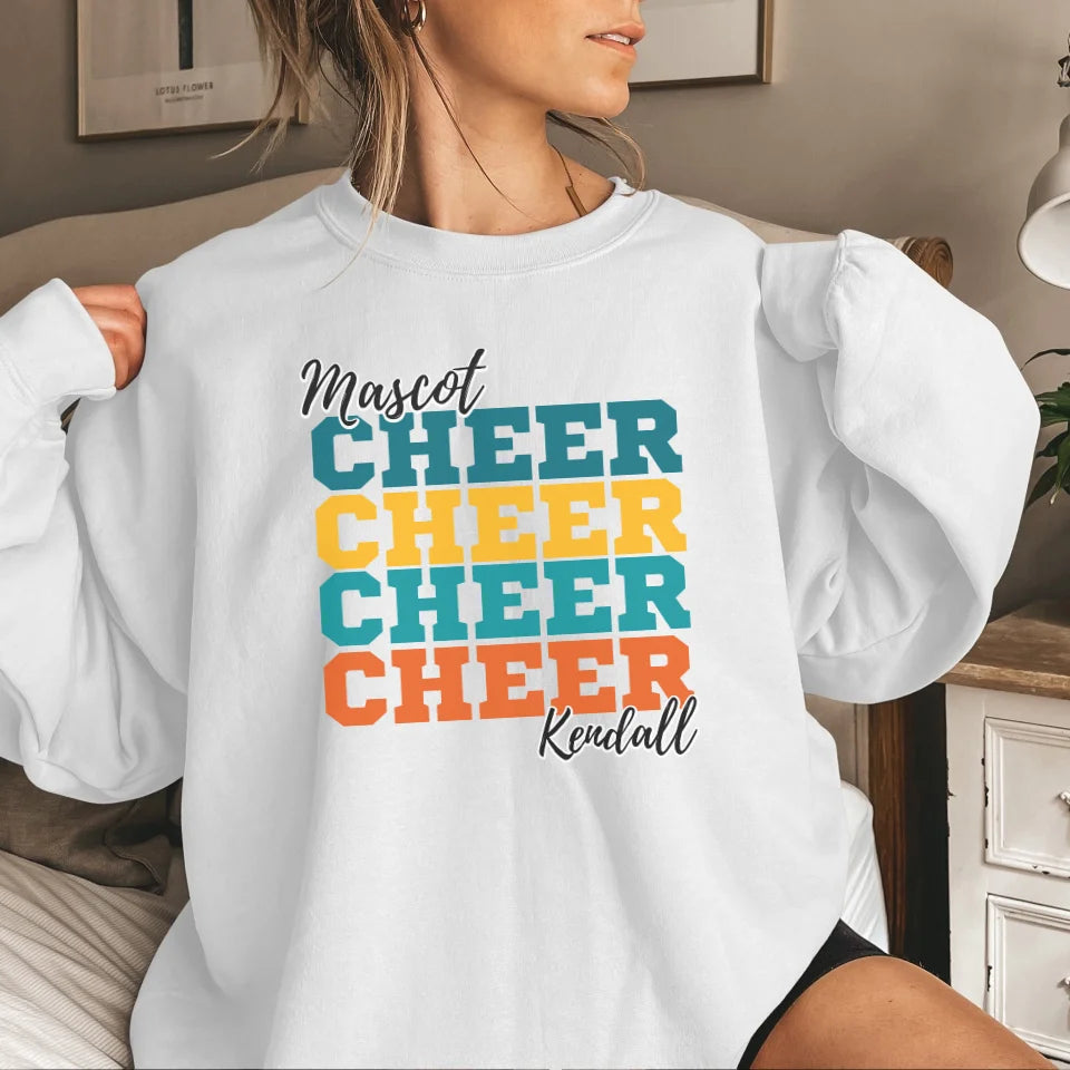 Personalized Cheer Cheer Cheer on a Sweatshirt With Mascot and Cheerleader Name on a Sweatshirt