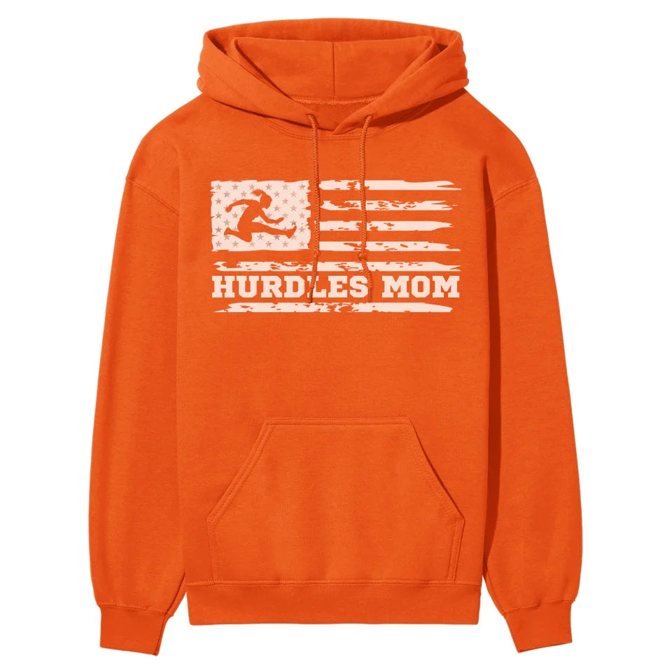 Hurdles Mom Horizontal Flag on a Hoodie with a White Graphic