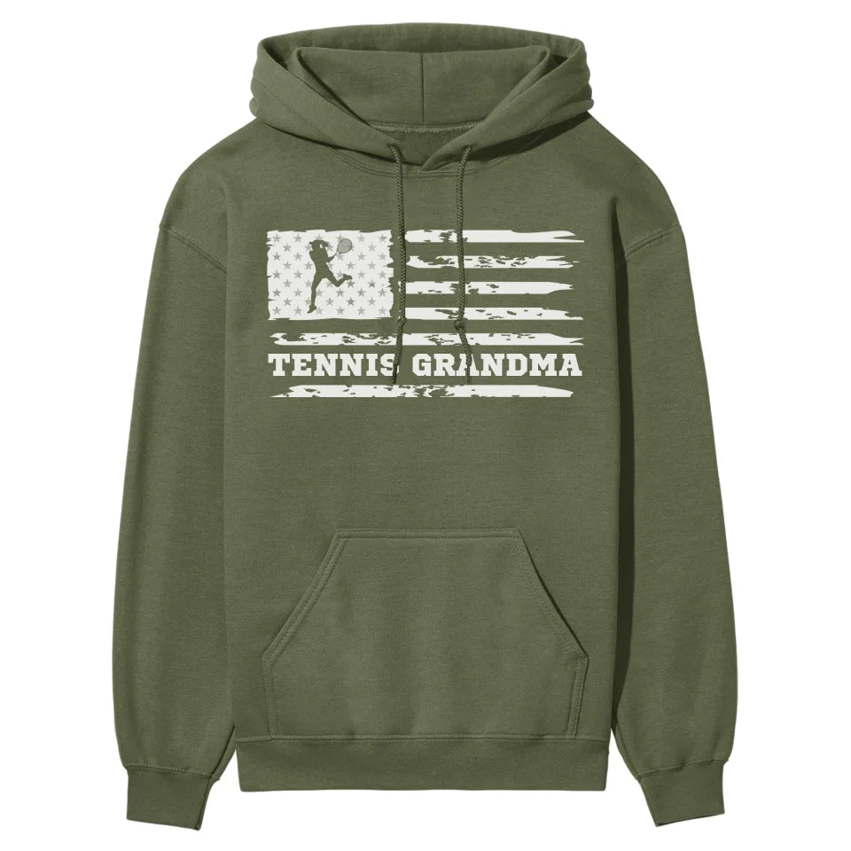 Tennis Grandma Horizontal Flag on a Hoodie with a White Graphic