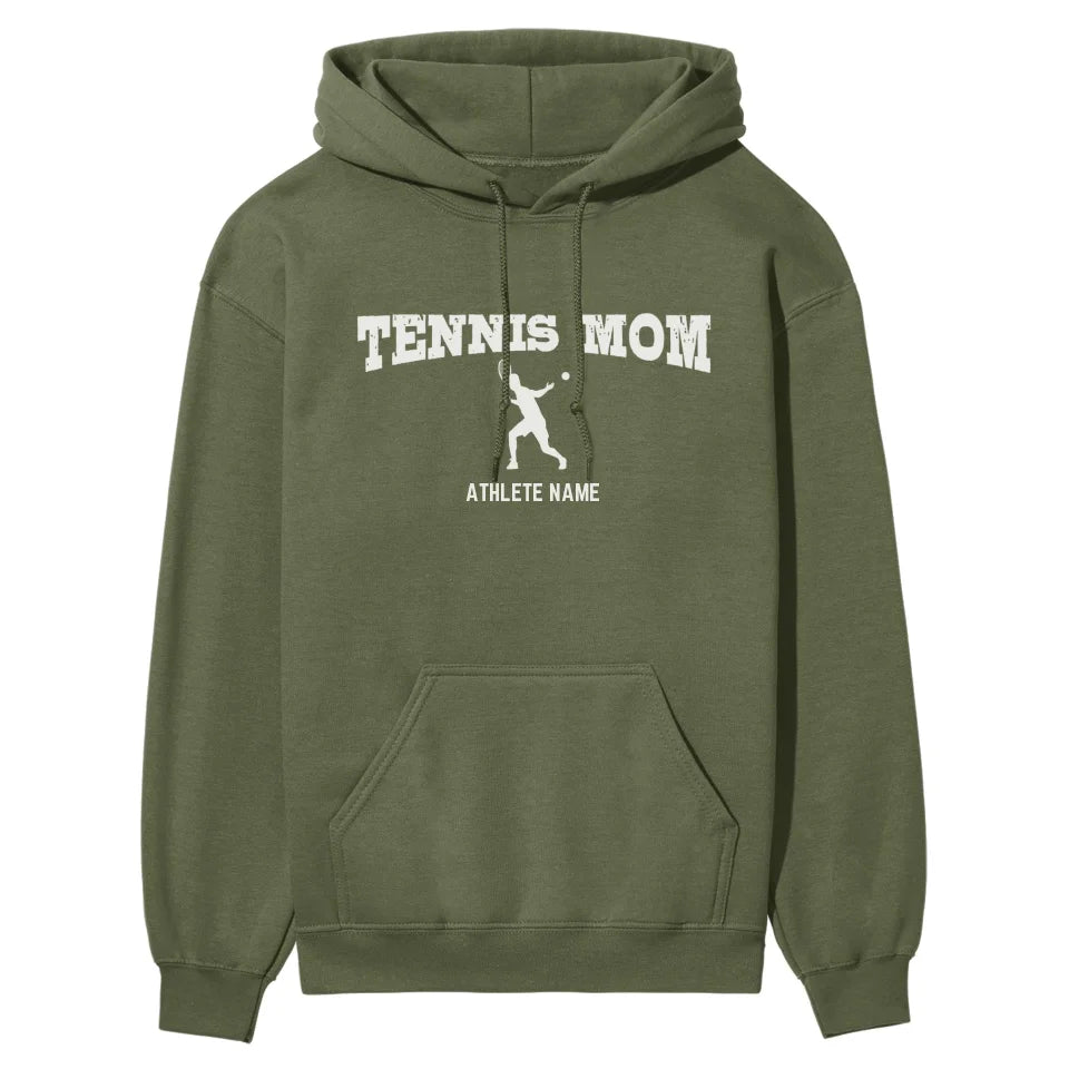 Tennis Mom with Tennis Player Icon and Tennis Player Name on a Hoodie with a White Graphic