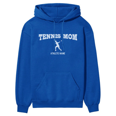 Tennis Mom with Tennis Player Icon and Tennis Player Name on a Hoodie with a White Graphic