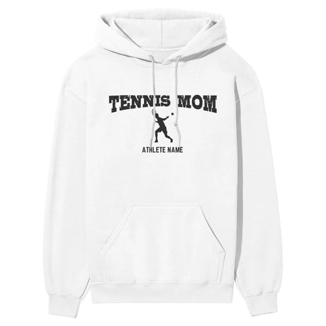 Tennis Mom with Tennis Player Icon and Tennis Player Name on a Hoodie with a Black Graphic