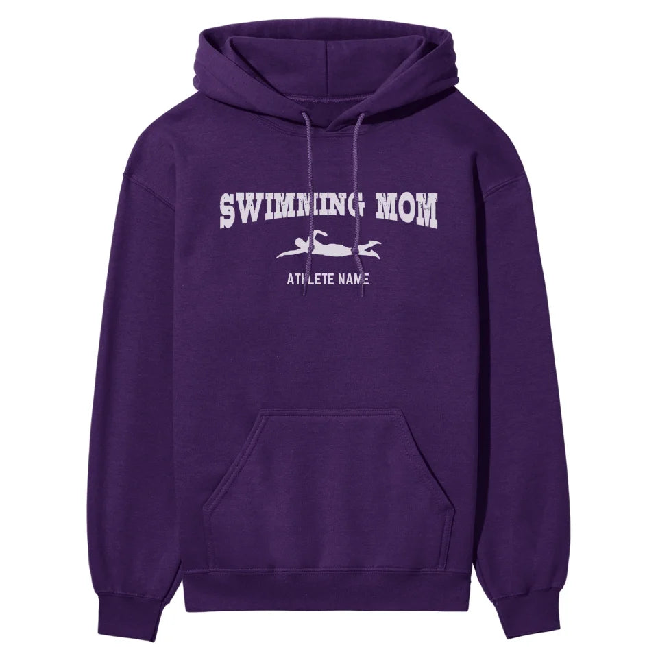 Swimming Mom with Swimmer Icon and Swimmer Name on a Hoodie with a White Graphic