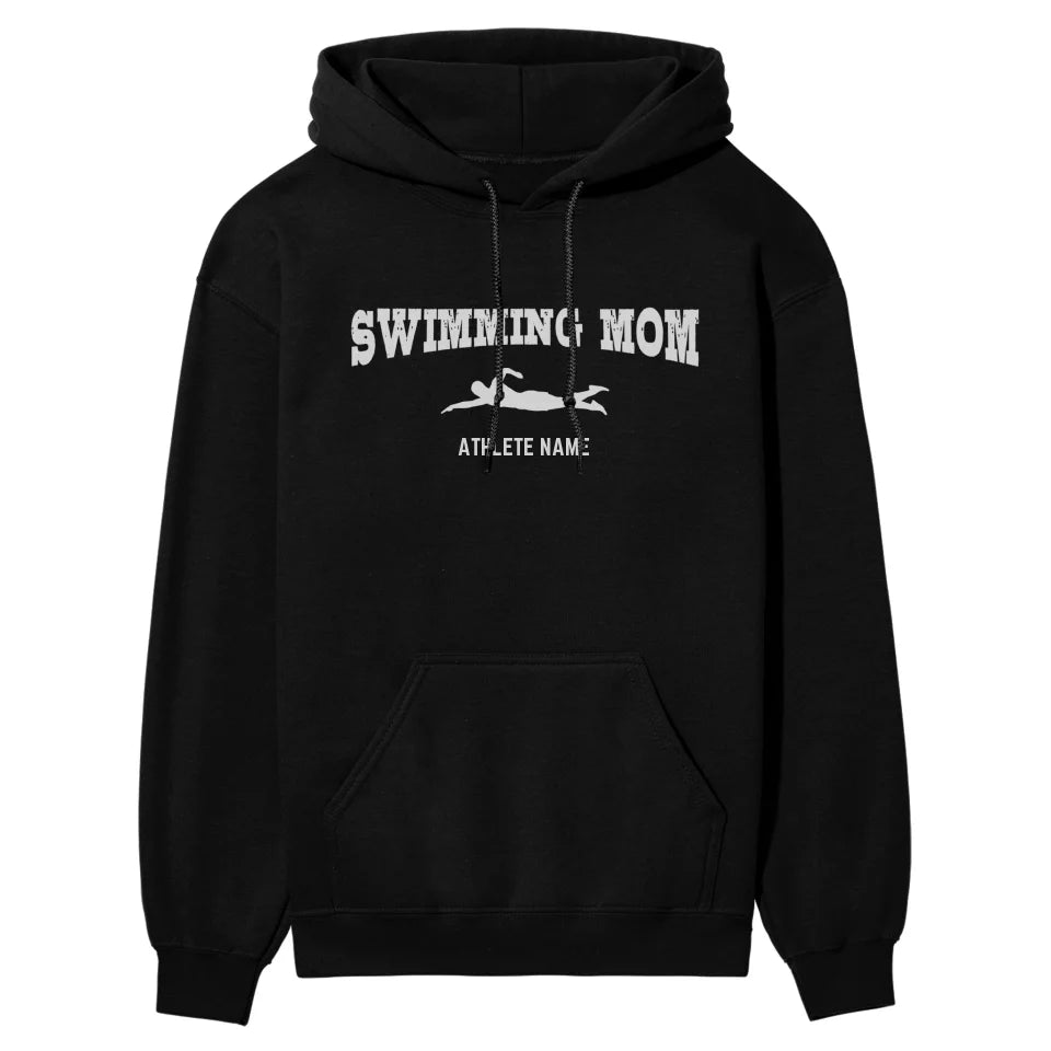 Swimming Mom with Swimmer Icon and Swimmer Name on a Hoodie with a White Graphic