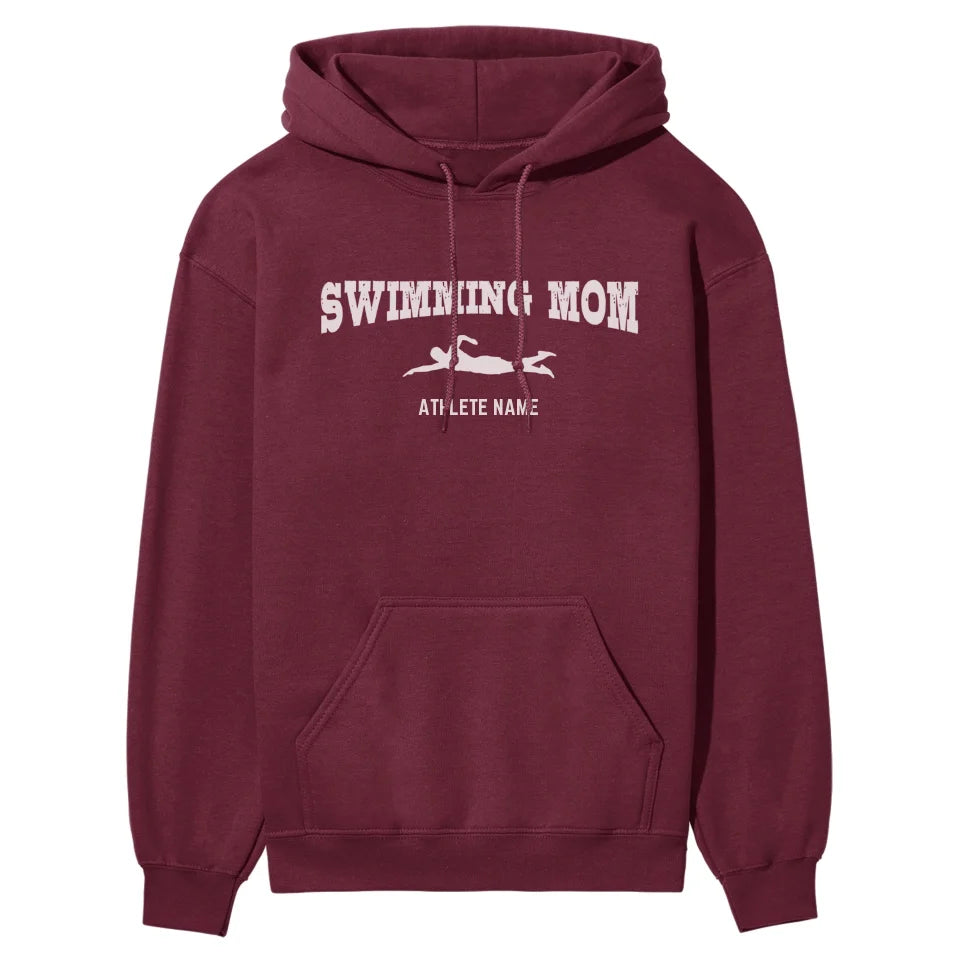 Swimming Mom with Swimmer Icon and Swimmer Name on a Hoodie with a White Graphic