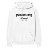 Swimming Mom with Swimmer Icon and Swimmer Name on a Hoodie with a Black Graphic