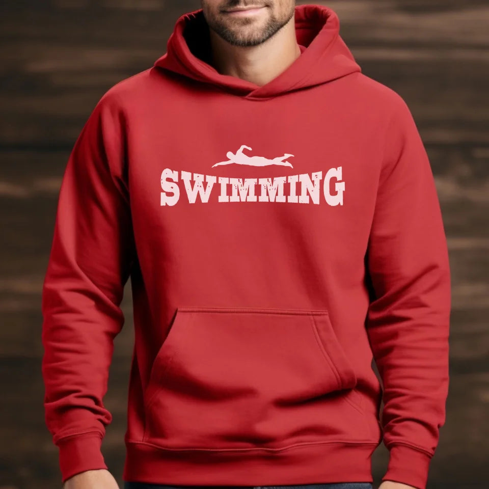 Basic Swimming with Swimmer Icon on a Hoodie with a White Graphic