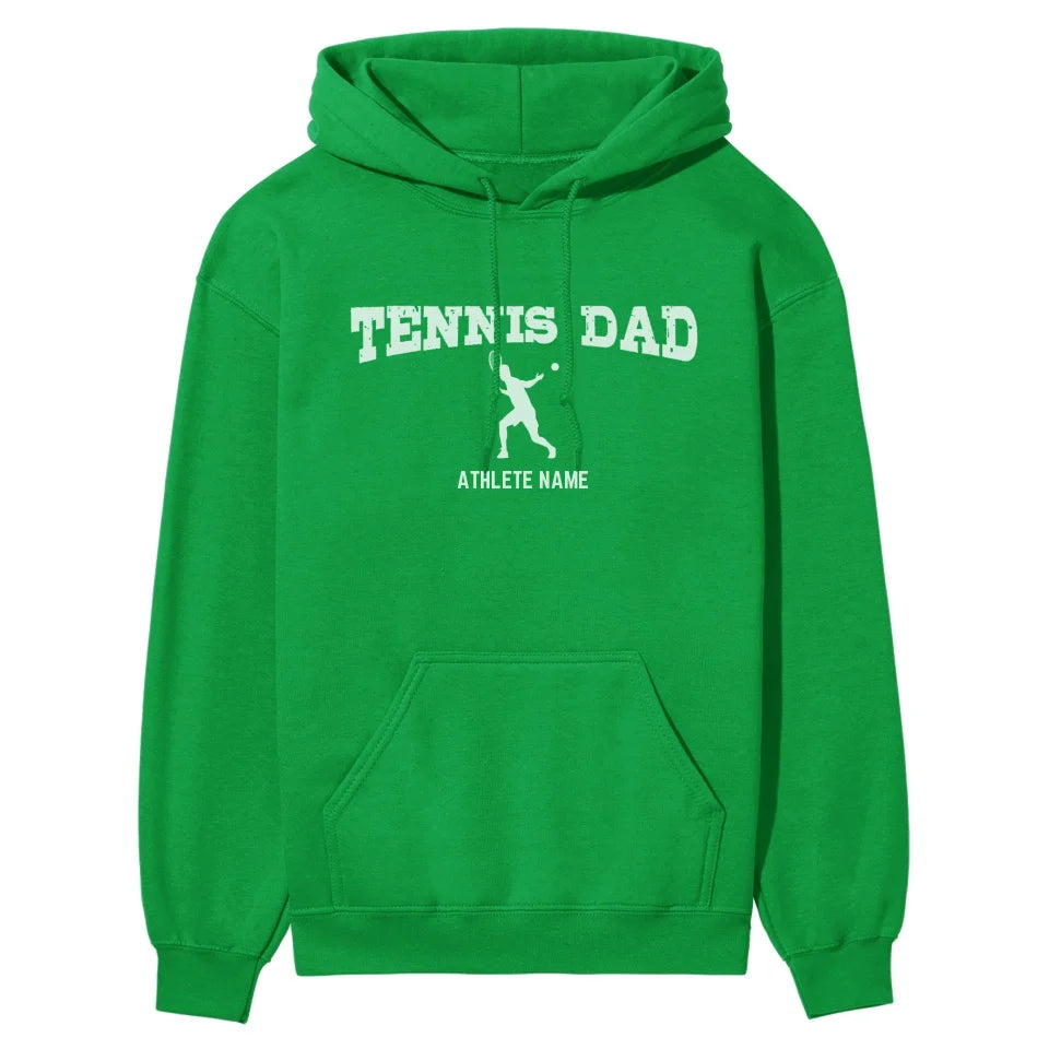 Tennis Dad with Tennis Player Icon and Tennis Player Name on a Hoodie with a White Graphic