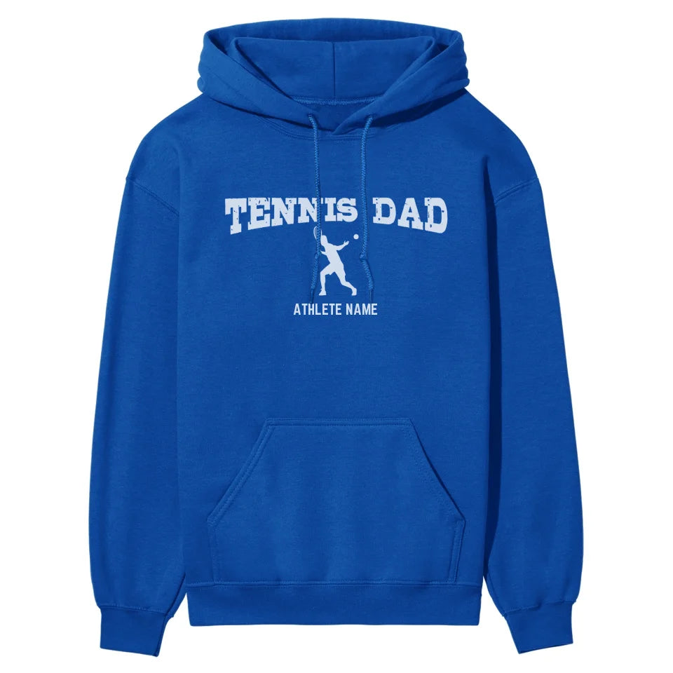 Tennis Dad with Tennis Player Icon and Tennis Player Name on a Hoodie with a White Graphic