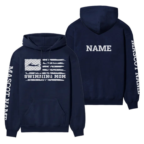 Swimming Mom Horizontal Flag With Swimmer Name on a Hoodie with a White Graphic