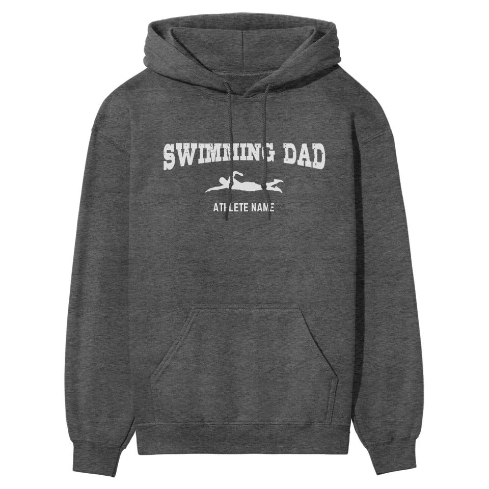 Swimming Dad with Swimmer Icon and Swimmer Name on a Hoodie with a White Graphic