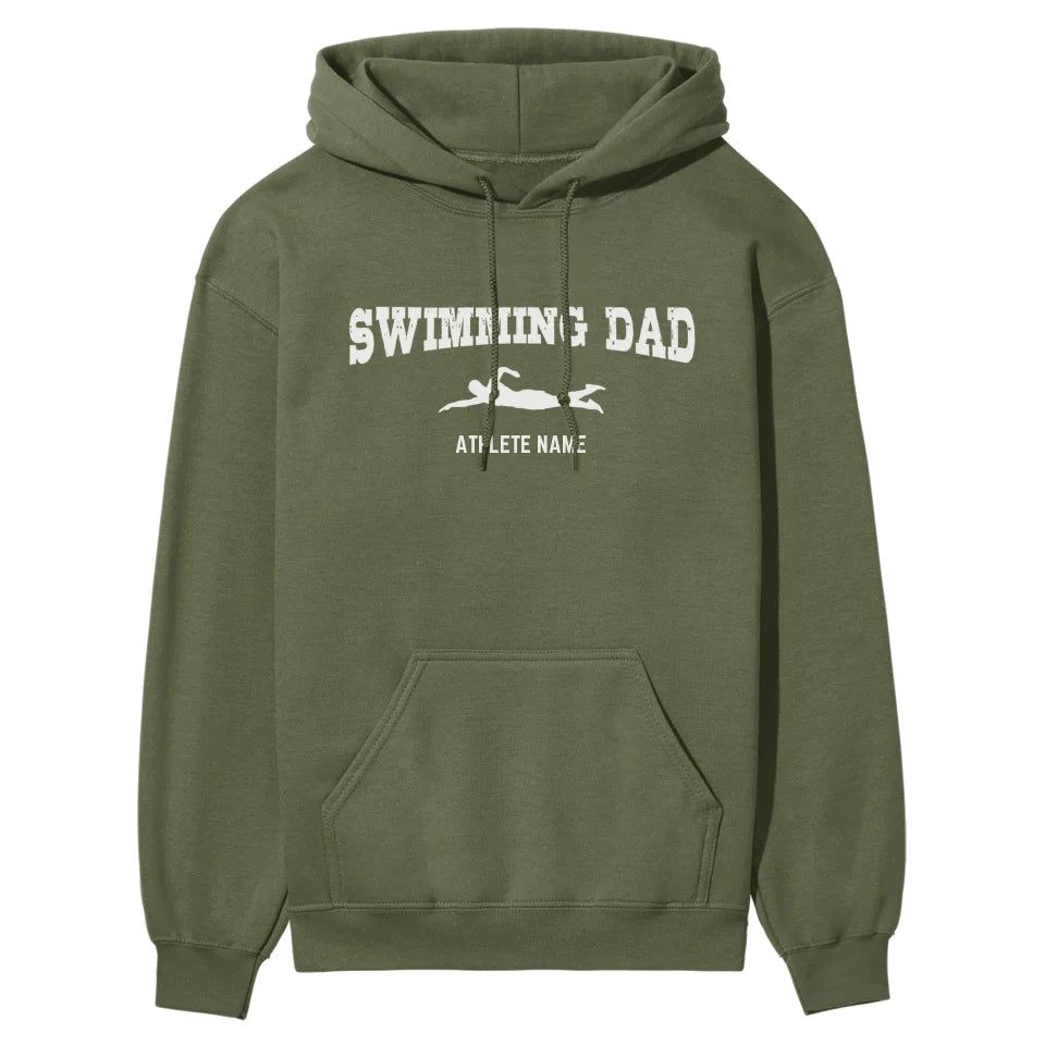 Swimming Dad with Swimmer Icon and Swimmer Name on a Hoodie with a White Graphic