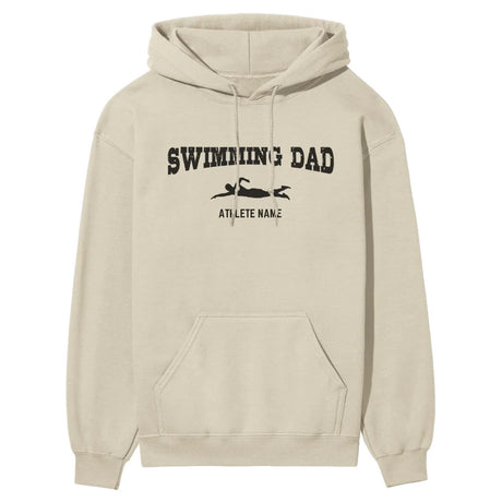 Swimming Dad with Swimmer Icon and Swimmer Name on a Hoodie with a Black Graphic