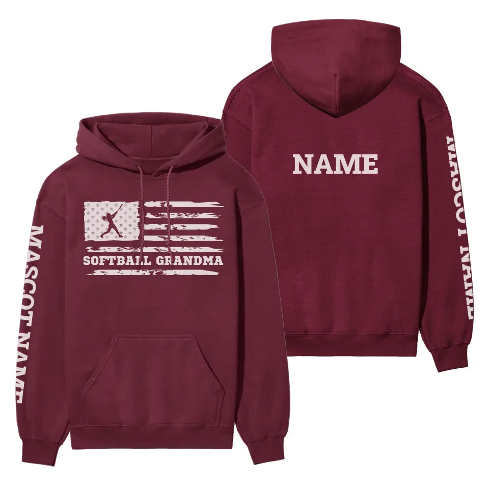 Softball Grandma Horizontal Flag With Softball Player Name on a Hoodie with a White Graphic