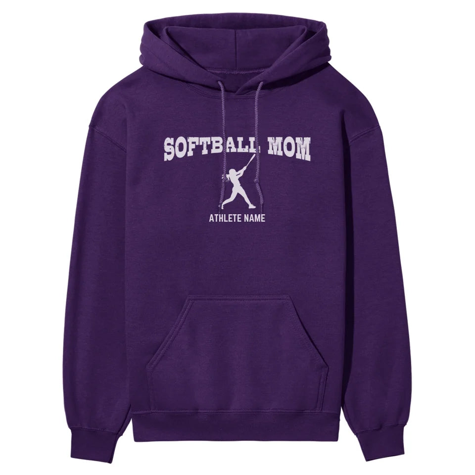 Softball Mom with Softball Player Icon and Softball Player Name on a Hoodie with a White Graphic