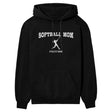 Softball Mom with Softball Player Icon and Softball Player Name on a Hoodie with a White Graphic